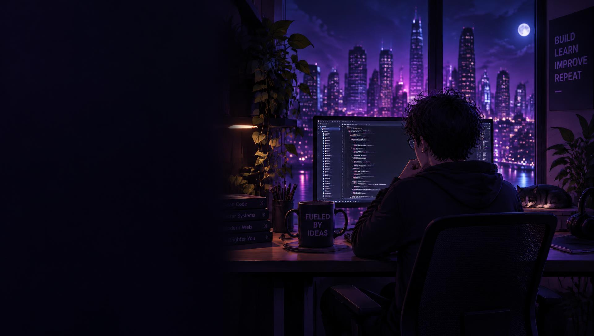 Developer coding at night overlooking a city skyline